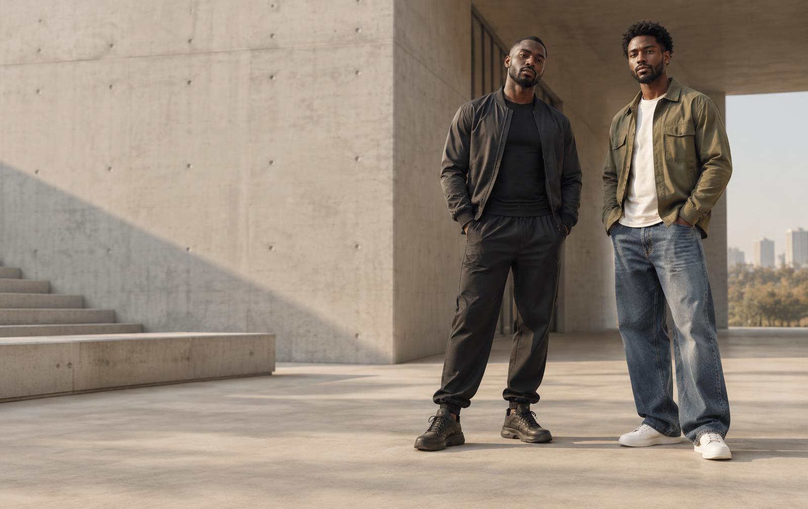 Men wearing joggers, jeans and casual jackets from Amazing Grace Ltd